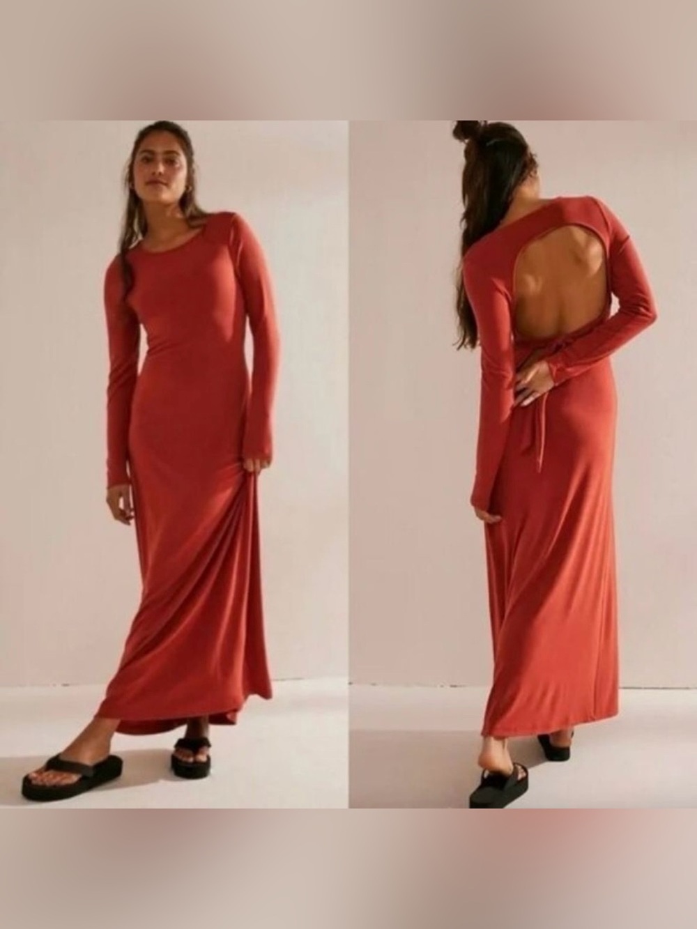 FP Beach Aubree Dress, Long Sleeve Open-Back Maxi Dress in Rust
